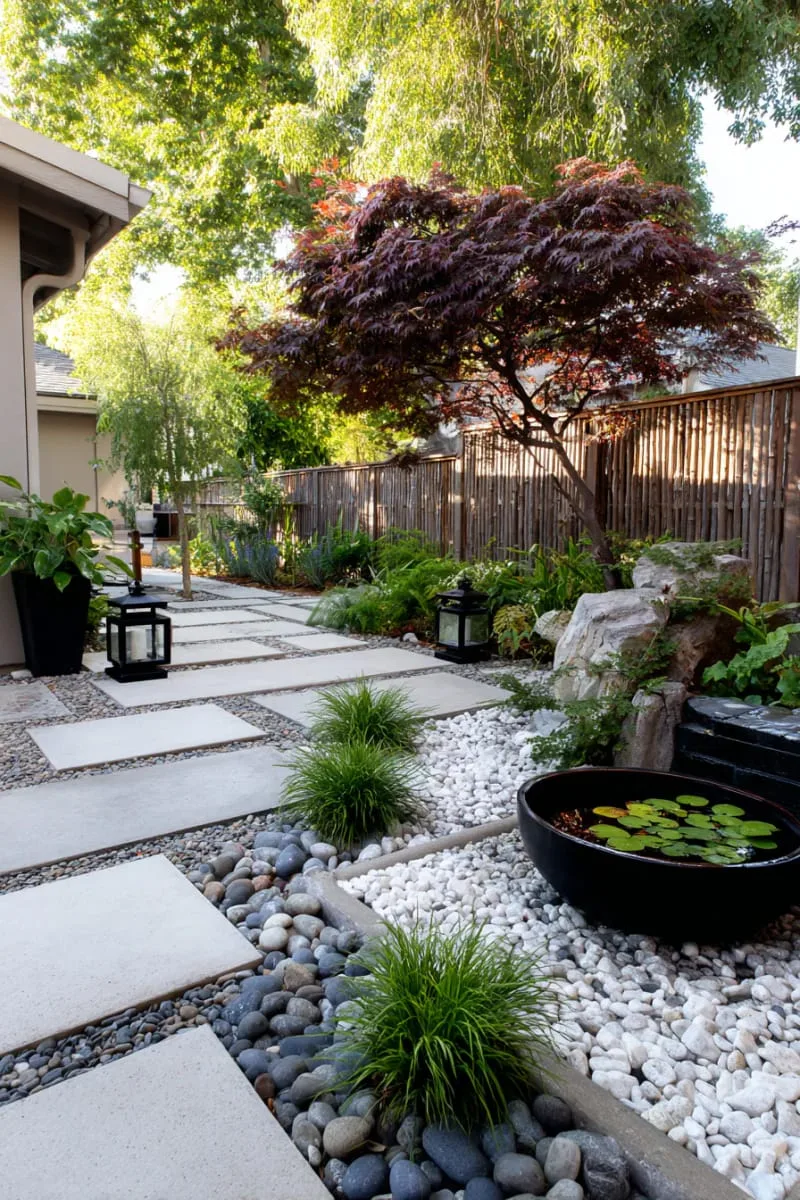 15 Unique Concrete Backyard Ideas for Creative Outdoor Style 31 concrete pavers interspersed with river rocks for a zen-inspired landscape 1