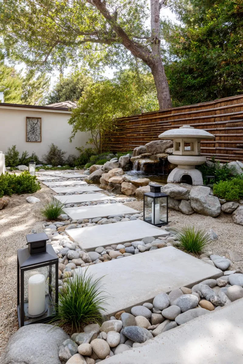 15 Unique Concrete Backyard Ideas for Creative Outdoor Style 32 concrete pavers interspersed with river rocks for a zen-inspired landscape 1