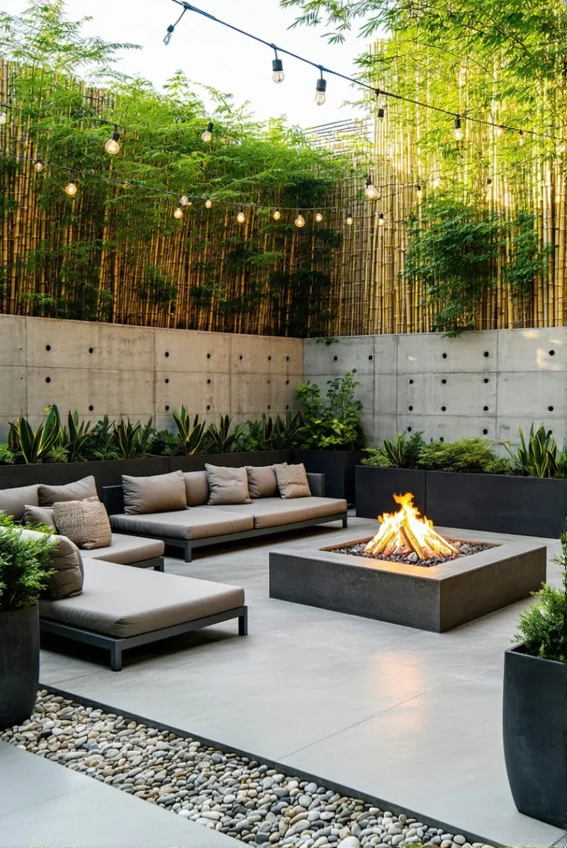 15 Unique Concrete Backyard Ideas for Creative Outdoor Style 42 concrete slab deck paired with eco-friendly bamboo privacy screens 1
