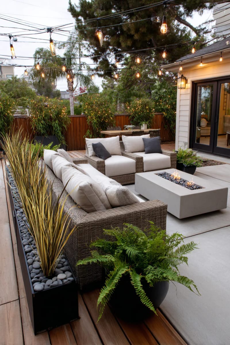 15 Unique Concrete Backyard Ideas for Creative Outdoor Style 44 concrete slab deck paired with eco-friendly bamboo privacy screens 1