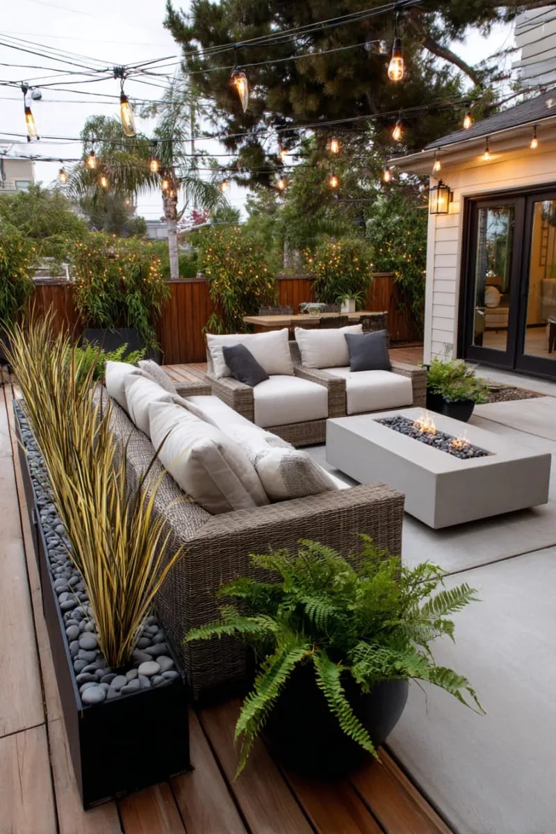 15 Unique Concrete Backyard Ideas for Creative Outdoor Style 43 concrete slab deck paired with eco-friendly bamboo privacy screens 1