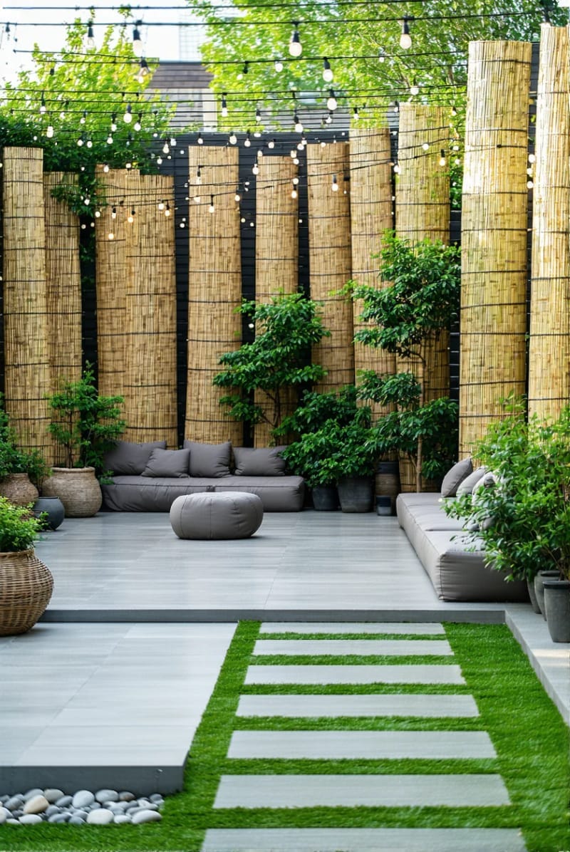 15 Unique Concrete Backyard Ideas for Creative Outdoor Style 45 concrete slab deck paired with eco-friendly bamboo privacy screens 1
