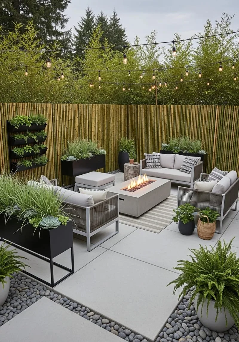 15 Unique Concrete Backyard Ideas for Creative Outdoor Style 45 concrete slab deck paired with eco-friendly bamboo privacy screens 1