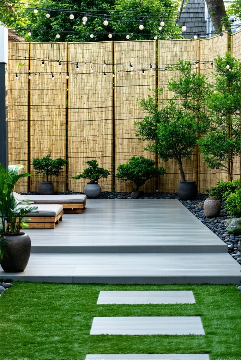 15 Unique Concrete Backyard Ideas for Creative Outdoor Style 47 concrete slab deck paired with eco-friendly bamboo privacy screens 1