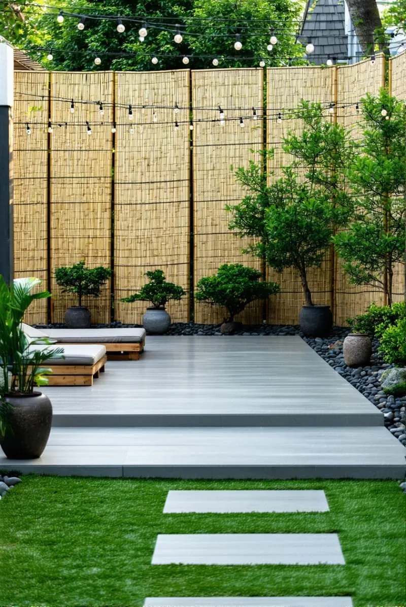 15 Unique Concrete Backyard Ideas for Creative Outdoor Style 46 concrete slab deck paired with eco-friendly bamboo privacy screens 1
