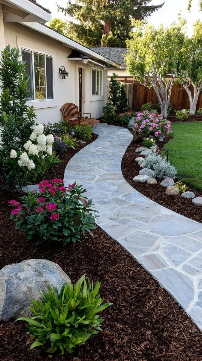 15 Smaller Backyard Landscaping Ideas That Maximize Space & Style 15 concrete tile walkway surrounded by mulch 1