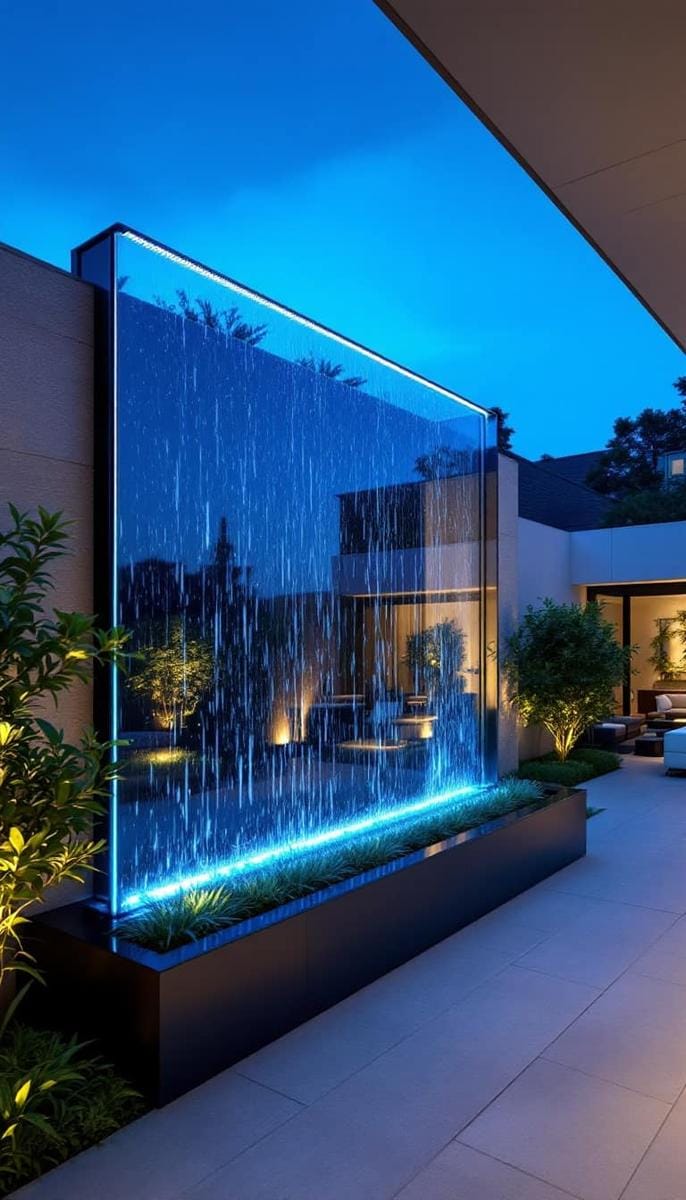 contemporary courtyard with a glass water wall and led lighting 1