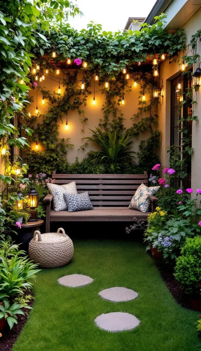 15 Smaller Backyard Landscaping Ideas That Maximize Space & Style 31 corner garden nook with bench and lights 1