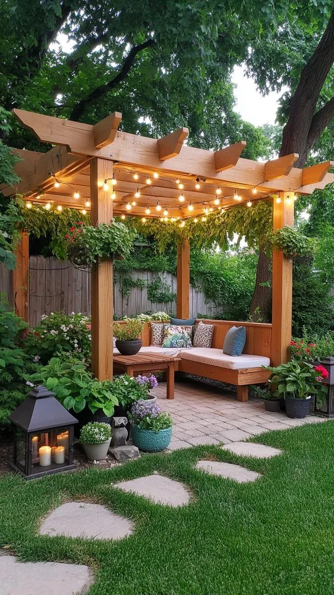 15 Smaller Backyard Landscaping Ideas That Maximize Space & Style 32 corner garden nook with bench and lights 1