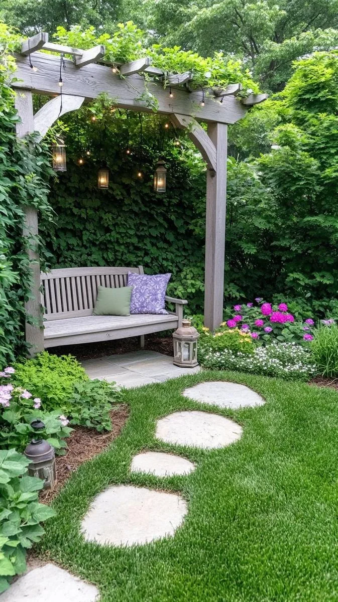 15 Smaller Backyard Landscaping Ideas That Maximize Space & Style 33 corner garden nook with bench and lights 1