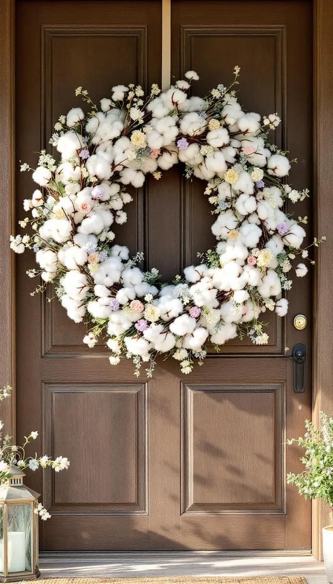 27 Dreamy Farmhouse Summer Decor Inspirations to Refresh Your Space 28 cotton branch wreaths with pastel wildflowers for front door statement 1