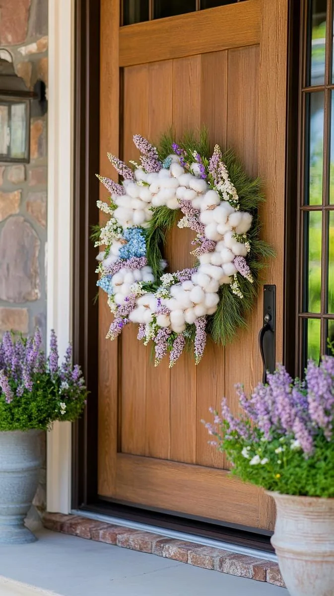 27 Dreamy Farmhouse Summer Decor Inspirations to Refresh Your Space 29 cotton branch wreaths with pastel wildflowers for front door statement 1