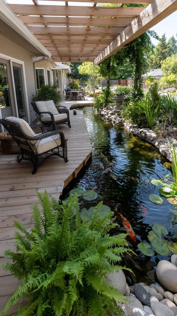 courtyard deck featuring a sunken water garden with colorful fish 1