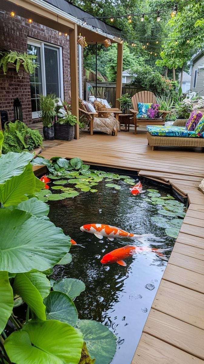 courtyard deck featuring a sunken water garden with colorful fish 1