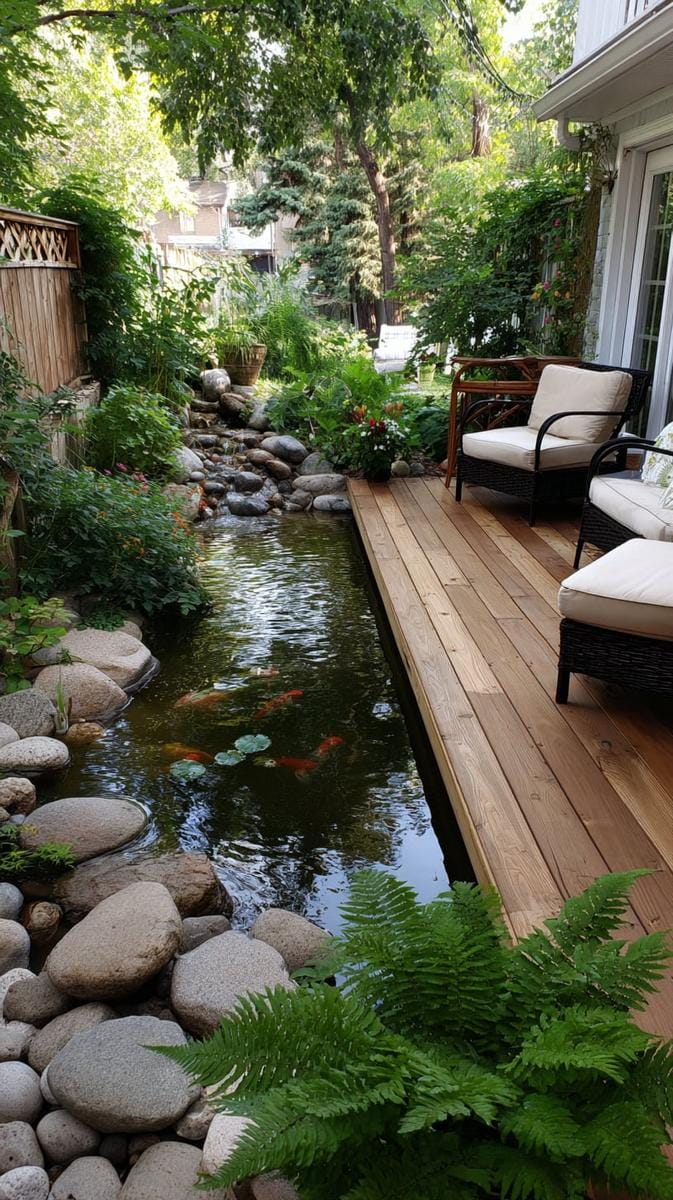 courtyard deck featuring a sunken water garden with colorful fish 1