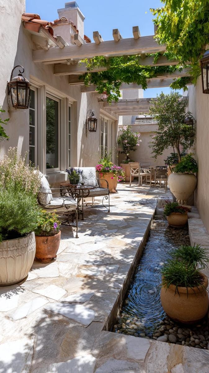 courtyard patio with a tranquil water rill weaving through potted plants 1