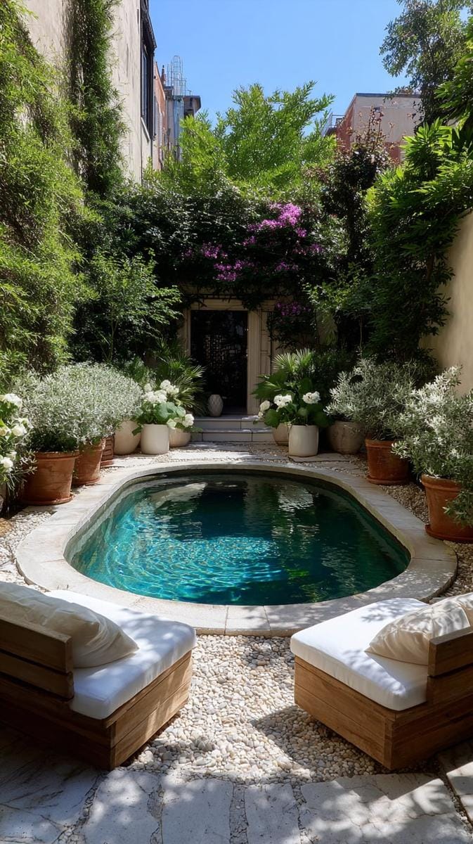 courtyard seating area with a circular pebble-lined reflecting pool 1
