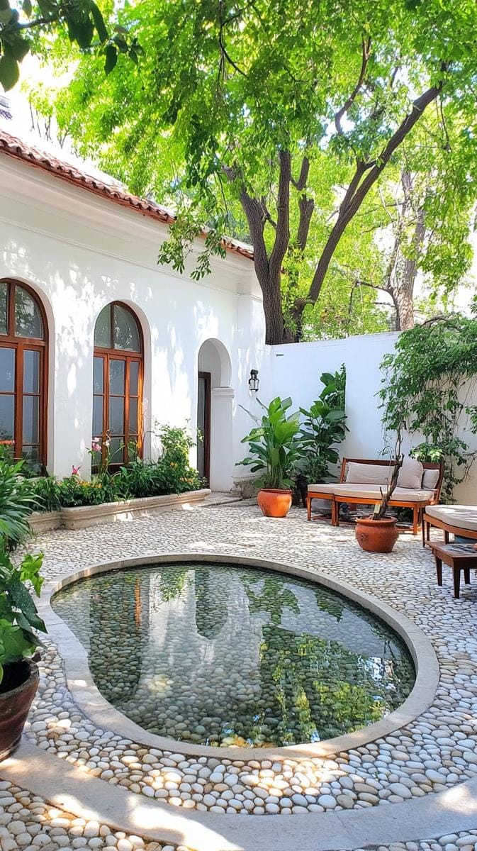 courtyard seating area with a circular pebble-lined reflecting pool 1