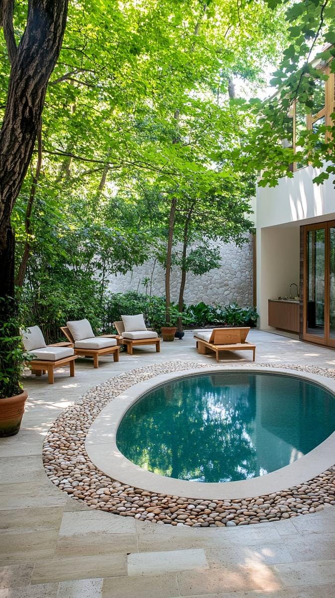 courtyard seating area with a circular pebble-lined reflecting pool 1