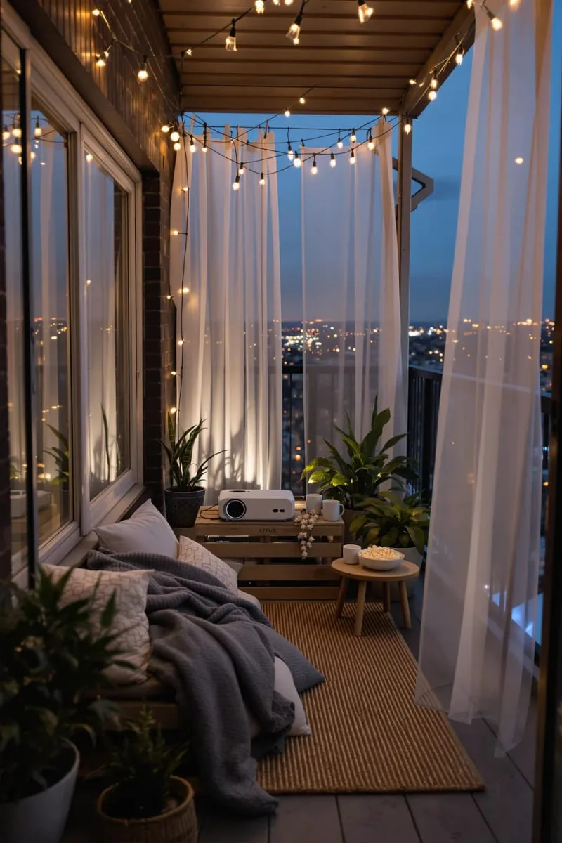 cozy outdoor movie nook with a small projector and soft blankets 1
