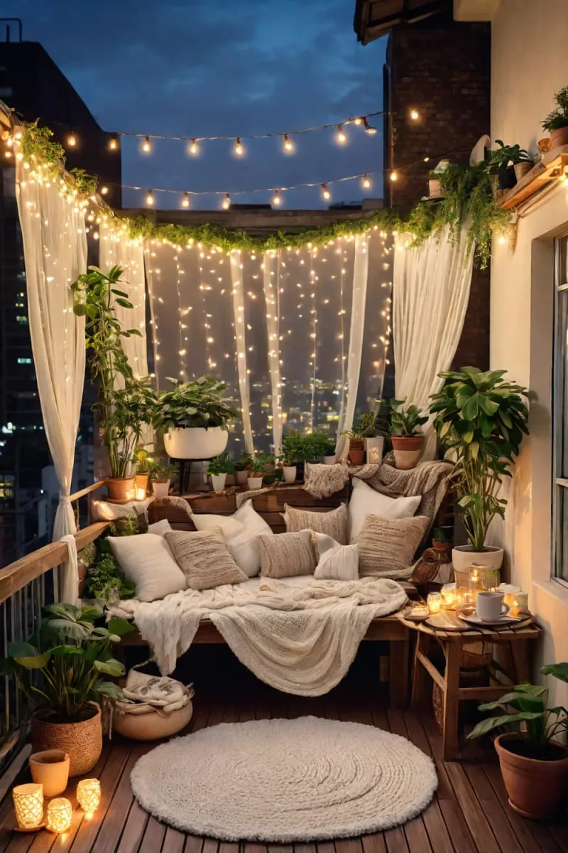 cozy outdoor movie nook with a small projector and soft blankets 1