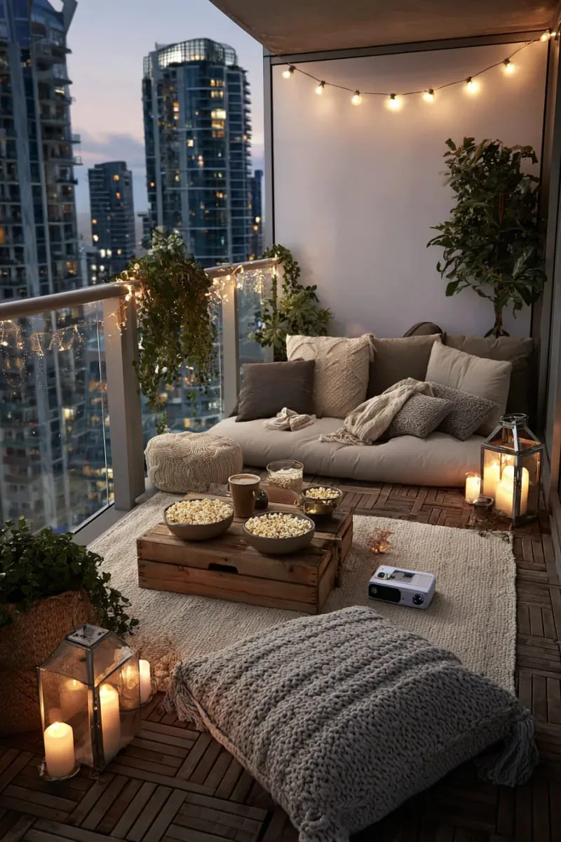 cozy outdoor movie nook with a small projector and soft blankets 1