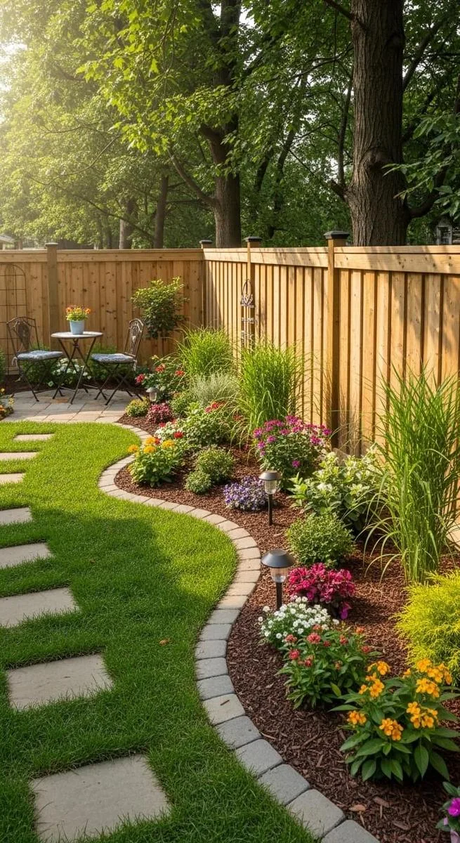 15 Smaller Backyard Landscaping Ideas That Maximize Space & Style 13 curved flower beds along privacy fence 1