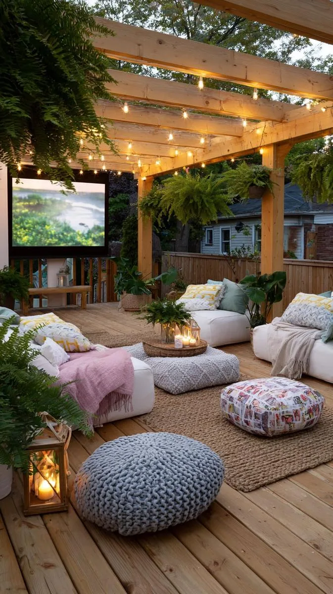 deck cinema setup with outdoor projector, floor pillows, and fairy lights 1