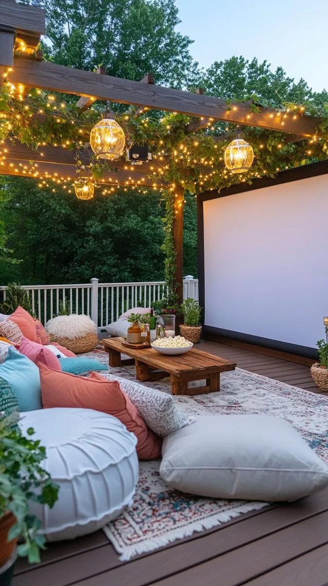 deck cinema setup with outdoor projector, floor pillows, and fairy lights 1