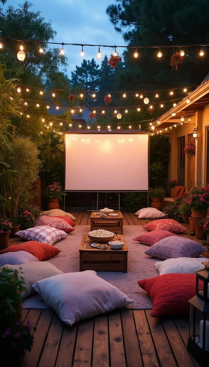 deck cinema setup with outdoor projector, floor pillows, and fairy lights 1