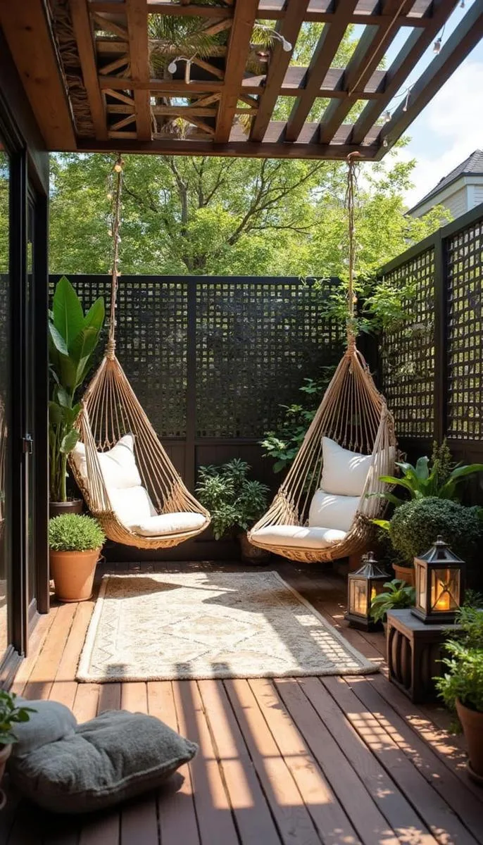 deck lounge zone with oversized hammock chairs and a geometric privacy screen 1