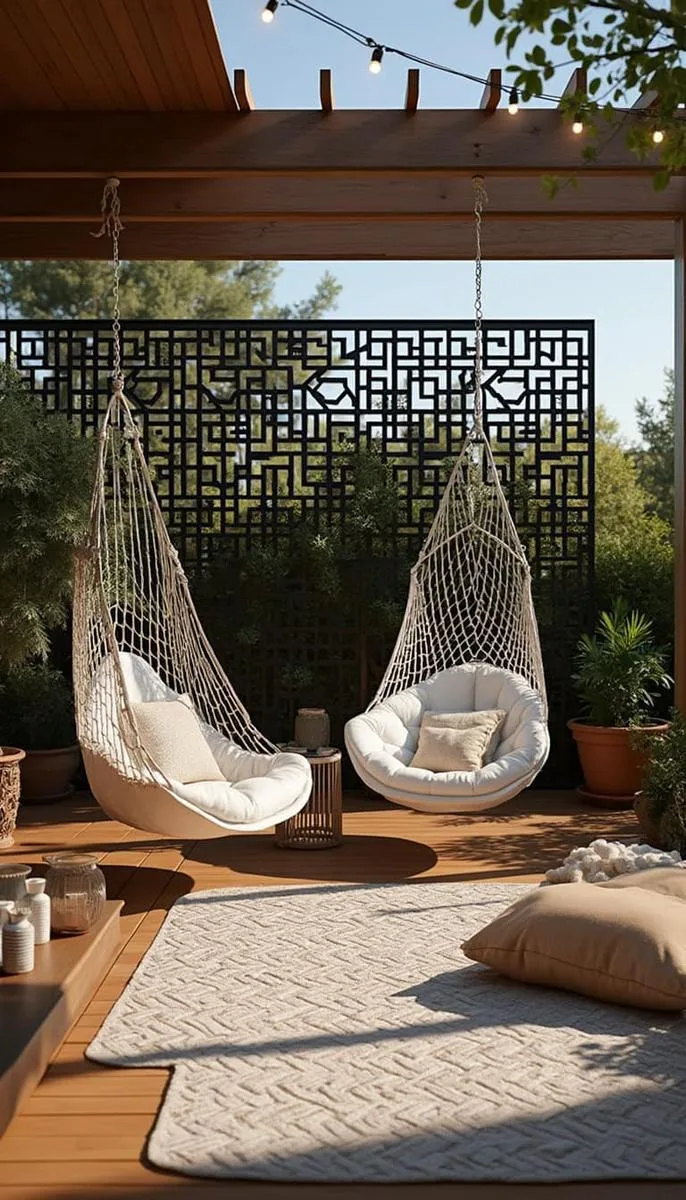 deck lounge zone with oversized hammock chairs and a geometric privacy screen 1