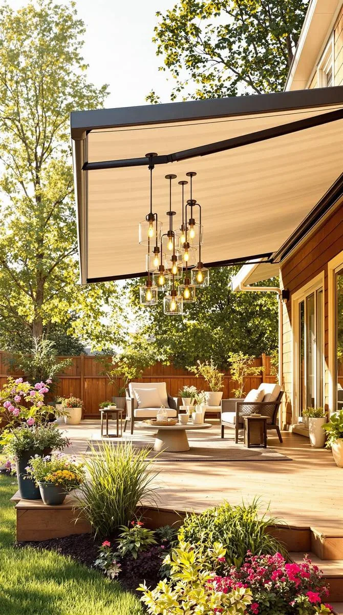 deck with retractable awning and hanging lantern cluster 1