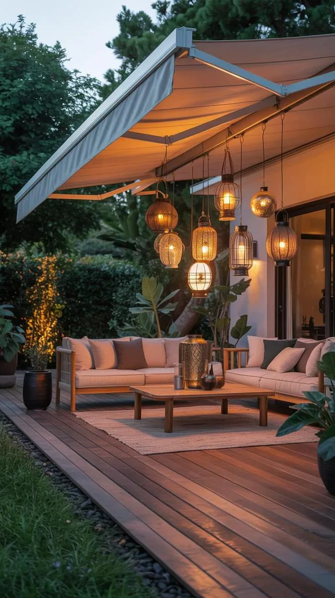 deck with retractable awning and hanging lantern cluster 1