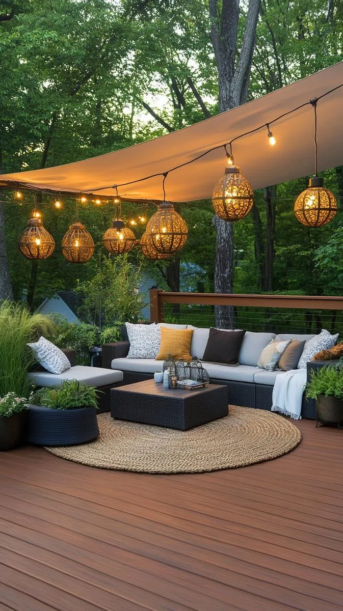deck with retractable awning and hanging lantern cluster 1