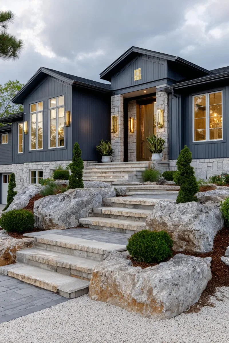 19 Ranch Style Home Exteriors to Inspire Your Next Makeover 114 deep navy ranch house with brass hardware and natural stone steps 1