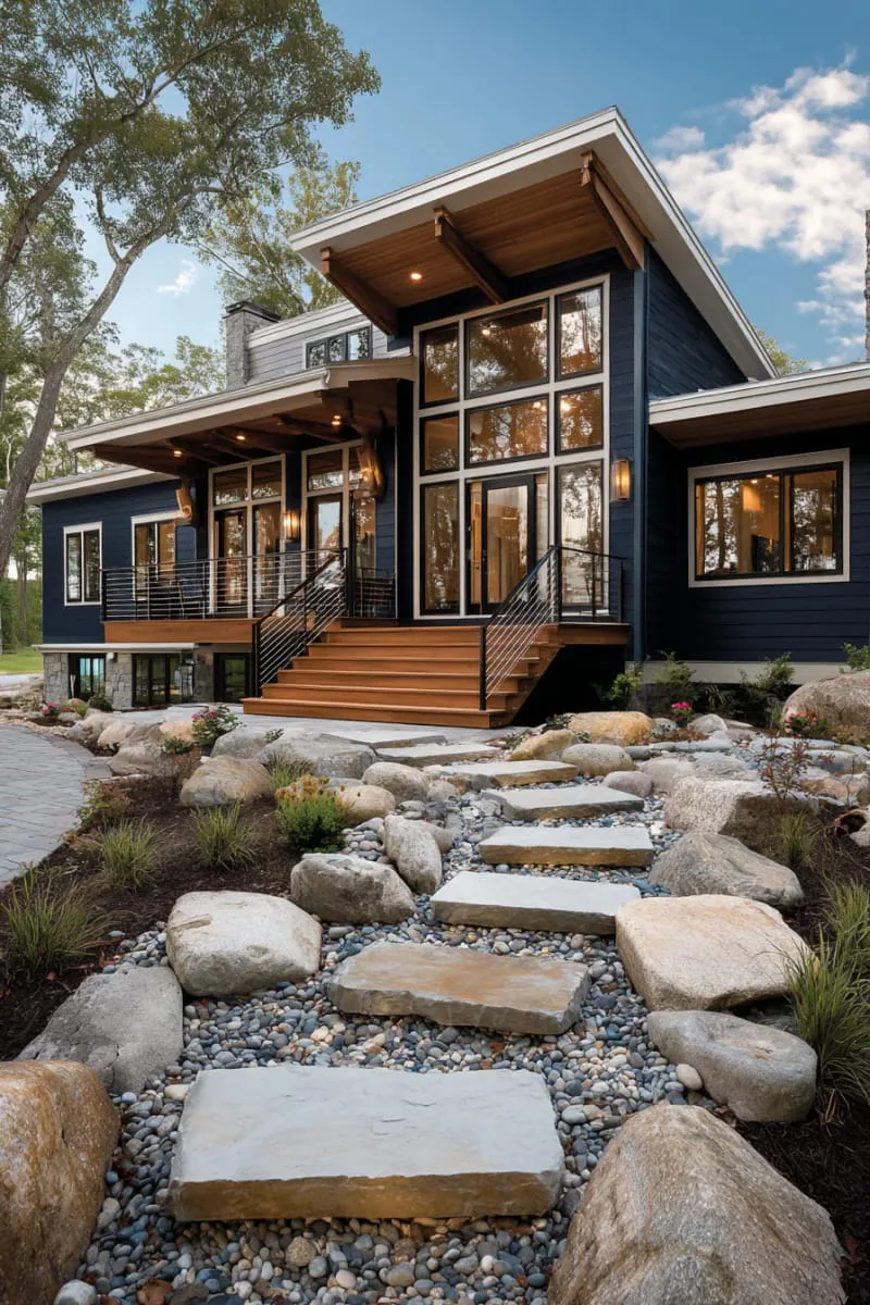 19 Ranch Style Home Exteriors to Inspire Your Next Makeover 115 deep navy ranch house with brass hardware and natural stone steps 1