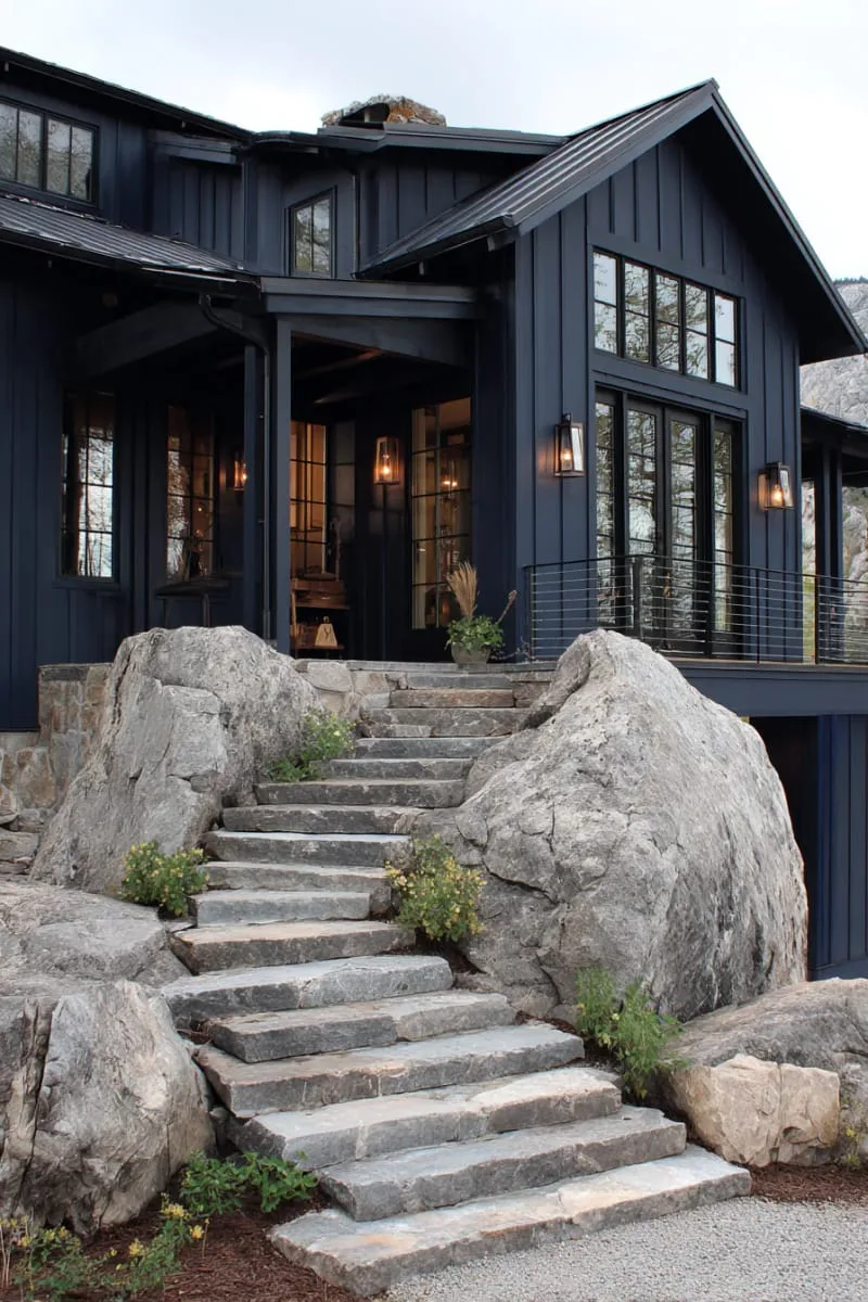 19 Ranch Style Home Exteriors to Inspire Your Next Makeover 120 deep navy ranch house with brass hardware and natural stone steps 1