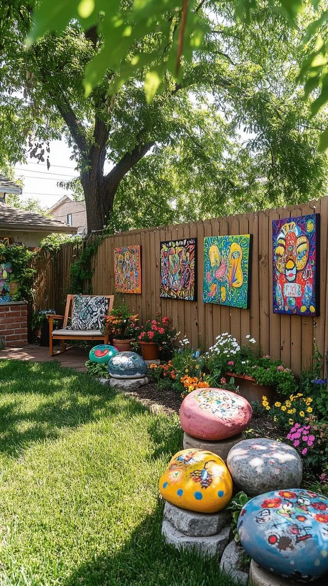 diy outdoor gallery with weatherproof art and painted stones 1