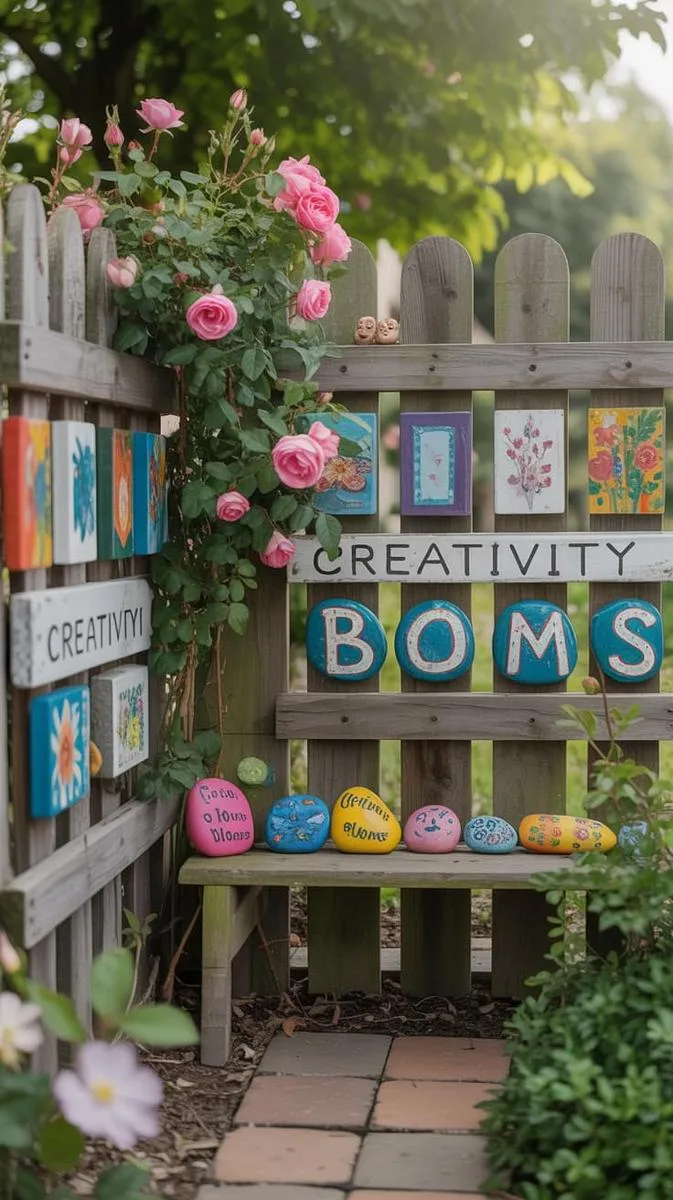 diy outdoor gallery with weatherproof art and painted stones 1
