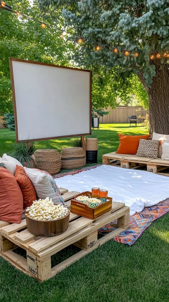 diy outdoor movie nook with pallet seating and cozy throws 1