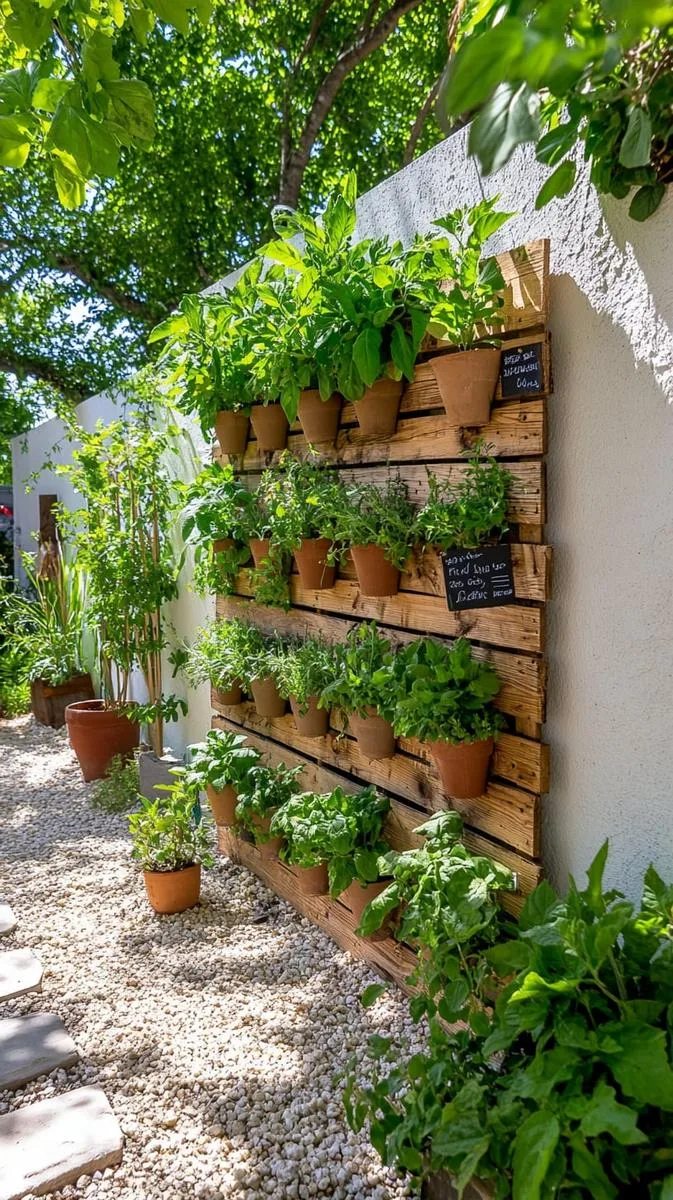 diy pallet herb garden along a sunny fence 1