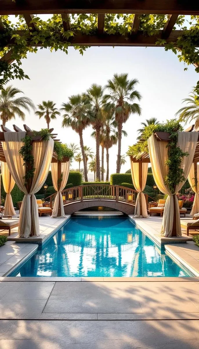 double pergolas flanking a pool, connected by an arched bridge walkway 1 double pergolas flanking a pool, connected by an arched bridge walkway 1