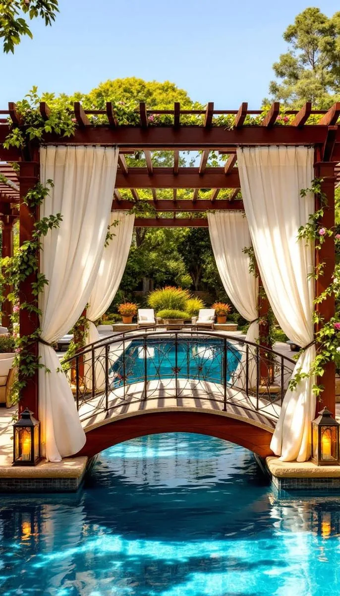 double pergolas flanking a pool, connected by an arched bridge walkway 1 double pergolas flanking a pool, connected by an arched bridge walkway 1