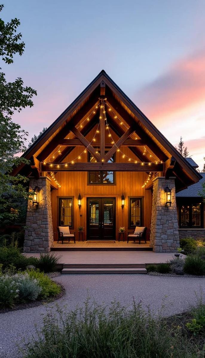 dramatic a-frame front porch with rustic stone columns and string lights 1