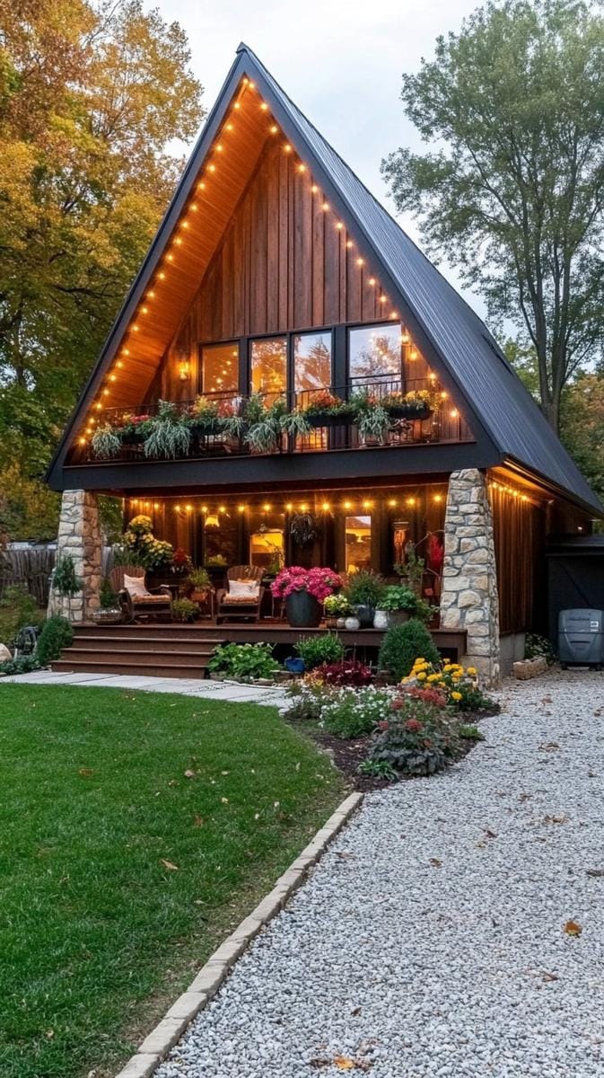 dramatic a-frame front porch with rustic stone columns and string lights 1