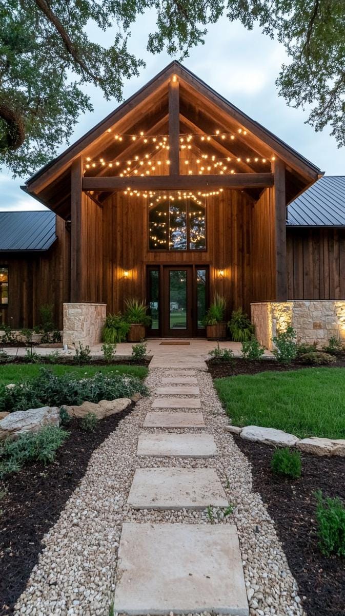 dramatic a-frame front porch with rustic stone columns and string lights 1