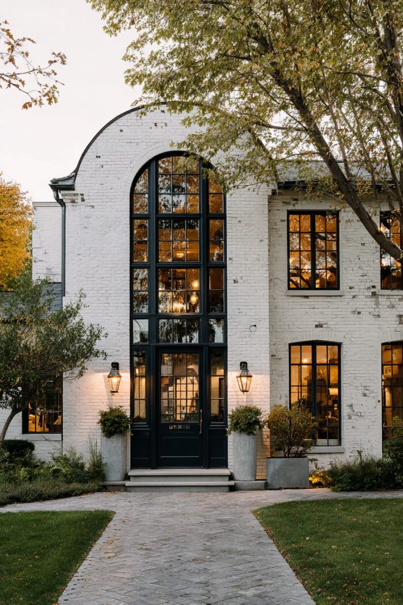 dramatic black window frames paired with whitewashed brick ranch facade 1