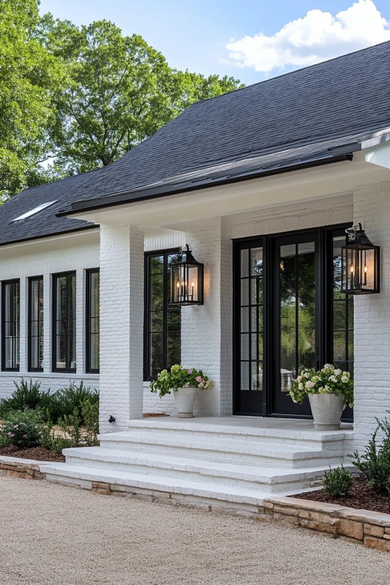 dramatic black window frames paired with whitewashed brick ranch facade 1