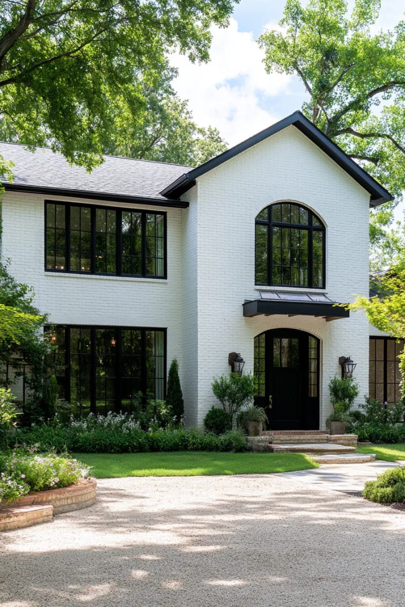 dramatic black window frames paired with whitewashed brick ranch facade 1